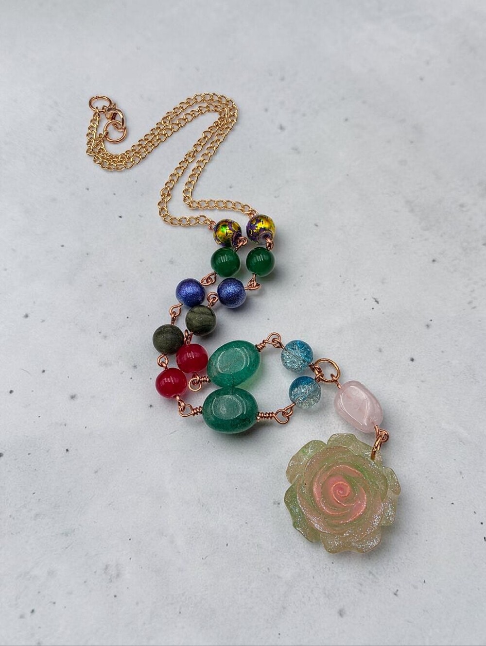 Multicolor Rose Pendant Necklace with Green and Pink Accents